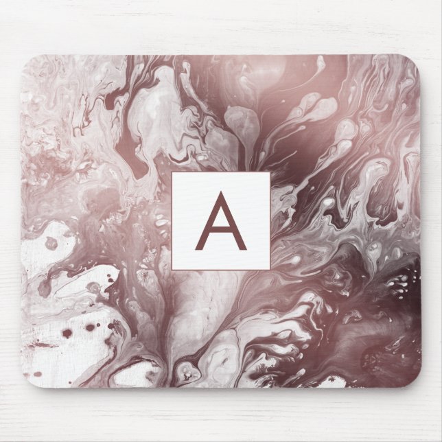 Modern Bold Rose Gold & White Marble Monogram Mouse Pad (Front)