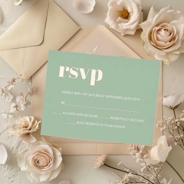 Modern Bold Sage Green REAL Rose Gold RSVP Foil Invitation Postcard (Modern Bold Sage Green REAL Rose Gold RSVP Foil Invitation Postcard)