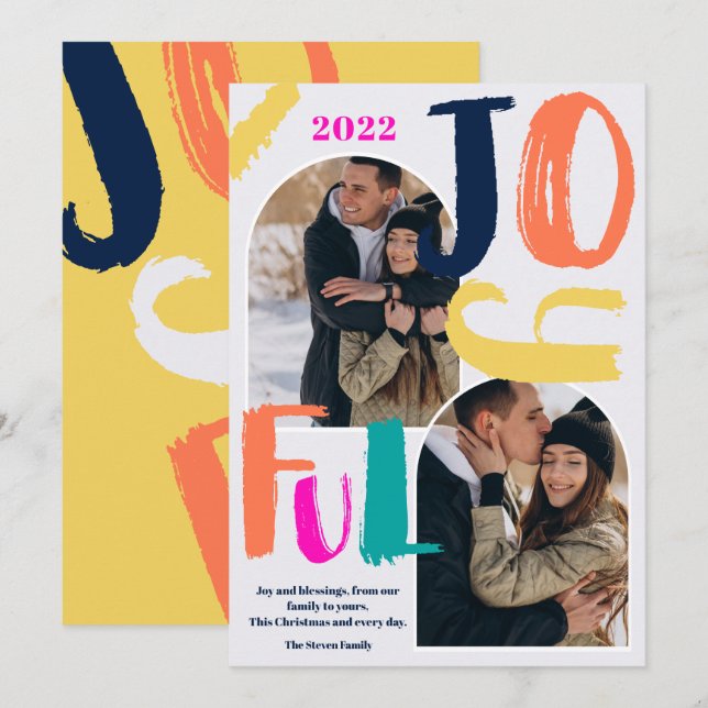Modern bold script 2 photos arch Joyful Christmas Holiday Card (Front/Back)