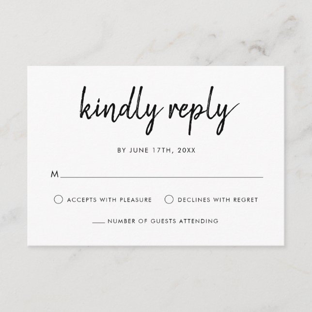 Modern Bold Script Black And White Wedding RSVP Card (Front)