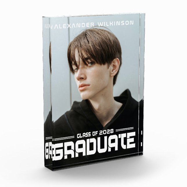 Modern Bold Script Black White Guy Graduation Photo Block (Left)