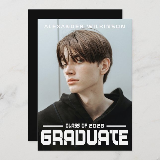 Modern Bold Script Black White Guy Photo Grad Invitation (Front/Back)