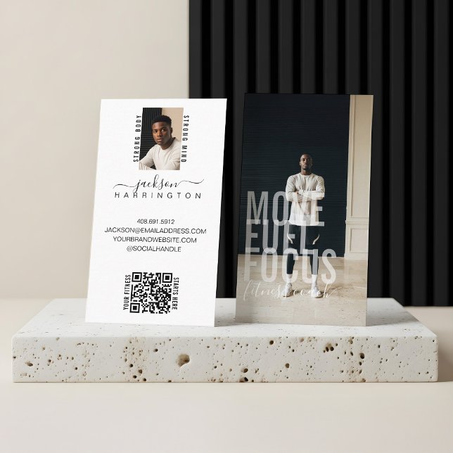 Modern Bold Script Calligraphy Fitness Photo QR Business Card (Modern Bold Script Calligraphy Fitness Photo QR Business Card)