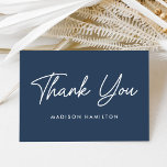 Modern Bold Script Navy Baby Shower Thank You Card<br><div class="desc">Simple baby shower thank you card featuring "Thank You" displayed on the front in a bold white script with a navy background. Personalize the front of the card with your name or custom text. The back of the navy thank you card displays your custom message and names.</div>