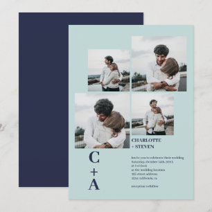 Modern bold sea navy blue 4 photos grid wedding invitation