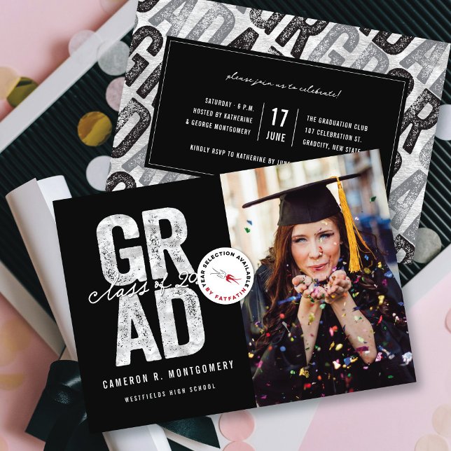 Modern Bold Silver GRAD Stylish Photo Graduation Announcement (Modern Bold Silver Faux Foil GRAD Stylish Photo Graduation Announcement @ zazzle.com/color_therapy)