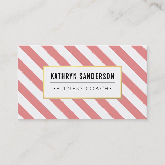 MODERN BOLD stripe gold logo emblem coral pink Business Card (Front)