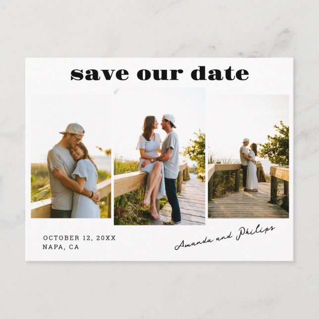 Modern Bold Text 3 Photos Wedding Save the Date  Announcement Postcard (Front)