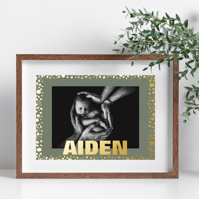 Modern Bold TEXT GOLD PEBBLES AND MOSS Photo Foil Prints (Creator Uploaded)