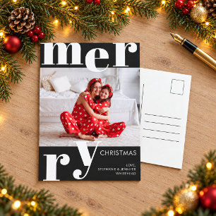 Modern Bold Typography Black Photo Merry Christmas Holiday Postcard