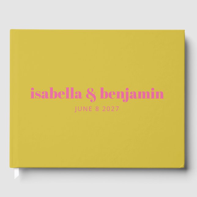 Modern Bold Typography Bright Pink Yellow Wedding Guest Book (Front)