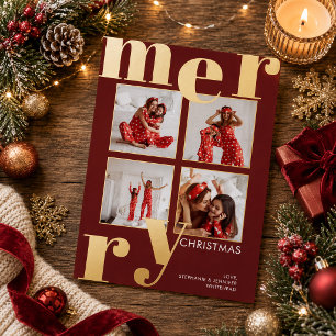 Modern Bold Typography Burgundy Red Photo Merry  Foil Holiday Card