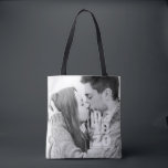 Modern Bold  Typography Custom Photo Wedding Tote Bag<br><div class="desc">Add a custom photo. Photo template has a filter. Date is bold serif typography. Bride-to-be and Groom-to-be names are in sans serif typography.</div>