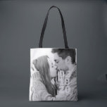 Modern Bold  Typography Custom Photo Wedding Tote Bag<br><div class="desc">Add a custom photo. Photo template has a filter. Date is bold serif typography. Bride-to-be and Groom-to-be names are in sans serif typography.</div>
