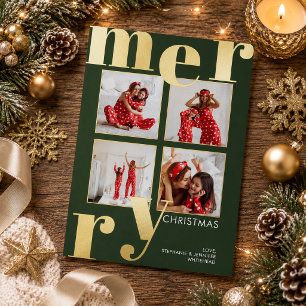 Modern Bold Typography Green Photo Christmas Foil Holiday Card