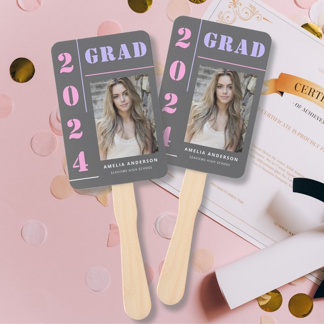 Modern Bold Typography Grey Photo Graduation Party Hand Fan (Creator Uploaded)