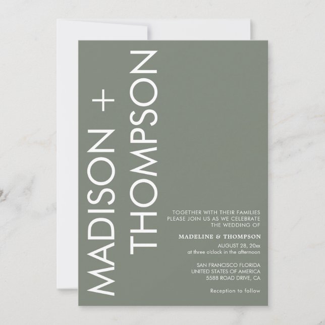 Modern Bold Typography Sage Green Wedding Invitation (Front)