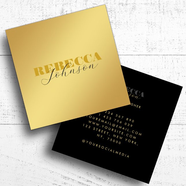 Modern Bold Typography Script Minimal Gold & Black Square Business Card (Creator Uploaded)