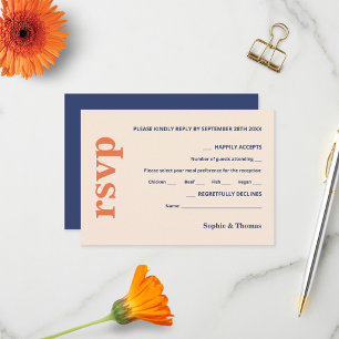 Modern Bold Typography Wedding Orange Navy Blue RSVP Card