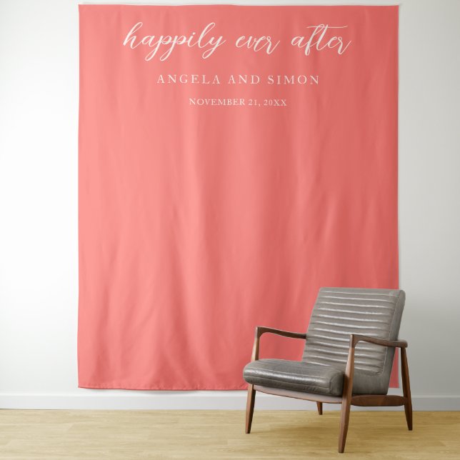 Modern Bold Vibrant Coral Simple Wedding Backdrop Tapestry (In Situ)