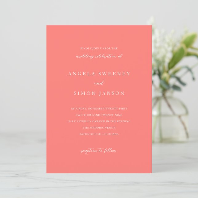 Modern Bold Vibrant Coral Simple Wedding Invitation (Standing Front)