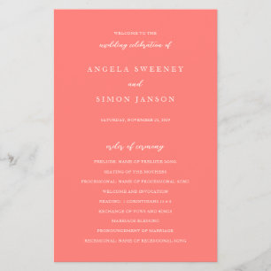 Modern Bold Vibrant Coral Simple Wedding Program