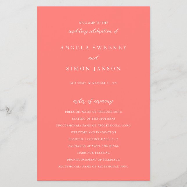 Modern Bold Vibrant Coral Simple Wedding Program (Front)