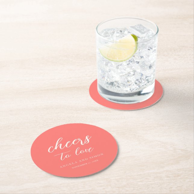 Modern Bold Vibrant Coral Simple Wedding Round Paper Coaster (Insitu)