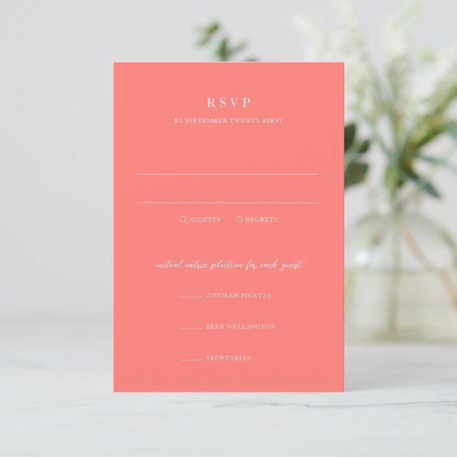 Modern Bold Vibrant Coral Simple Wedding RSVP Card (Standing Front)