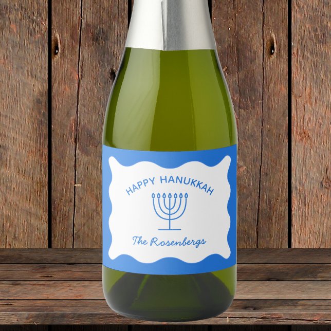 Modern Bold Wavy Border Personalized Blue Hanukkah Sparkling Wine Label (Creator Uploaded)