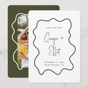 Modern Bold Wavy Frame Dark Green Photo Wedding Save The Date