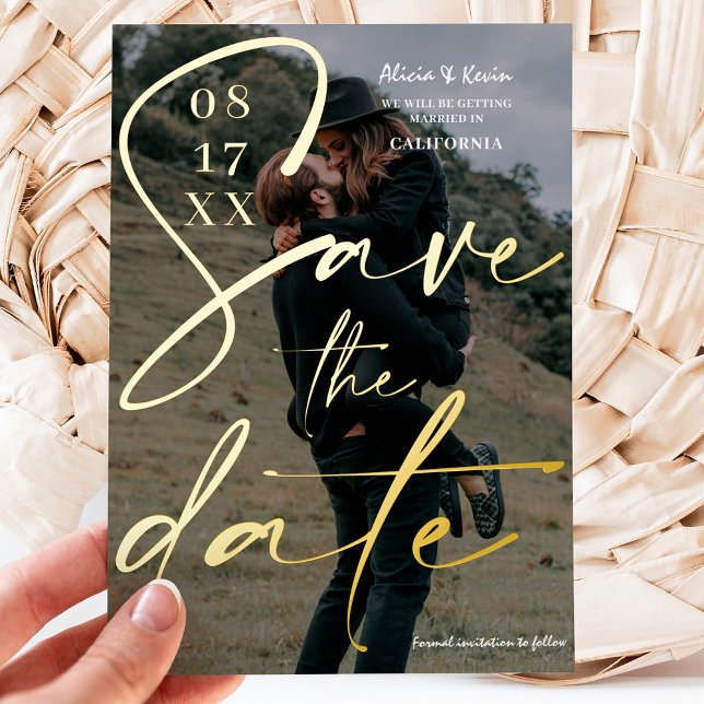 Modern bold white black script save the date photo foil invitation postcard (Creator Uploaded)