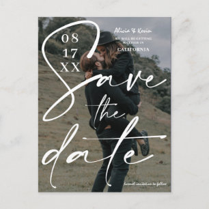 Modern bold white black script save the date photo postcard
