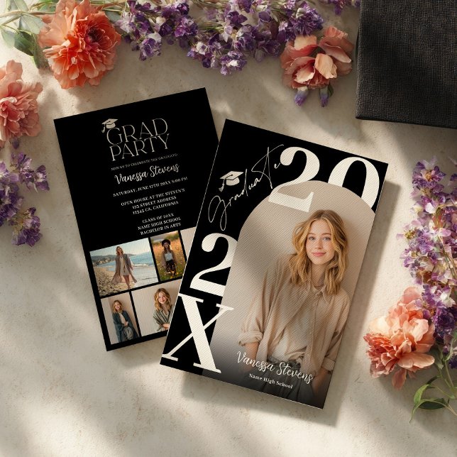 Modern Bold White Black Trendy 6 photos graduation Invitation (Modern Bold White Black Trendy 6 photos graduation Invitation)