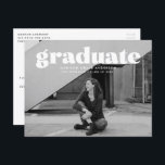 Modern Bold White Overlay Photo Graduation Party Postcard<br><div class="desc">Invite guests to your graduation party with our stylish Modern Bold White Typography party postcard. The modern graduation party invitation postcards display the graduate's photo with "graduate" in a bold white text overlay. Personalize the front of the invite by adding the graduate's name, school name, and graduation year. The back...</div>