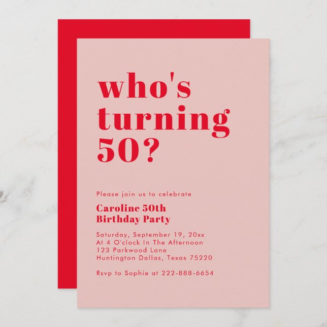 Modern Bold Who's Turning 50 | Rose Red Birthday Invitation (Front/Back)