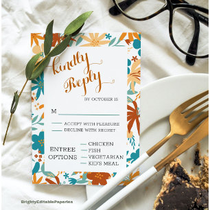 Modern Bold Wildflower Minimalist Script Wedding RSVP Card
