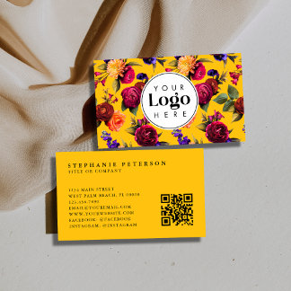 Modern Bold Yellow Floral Custom Logo QR Code Business Card