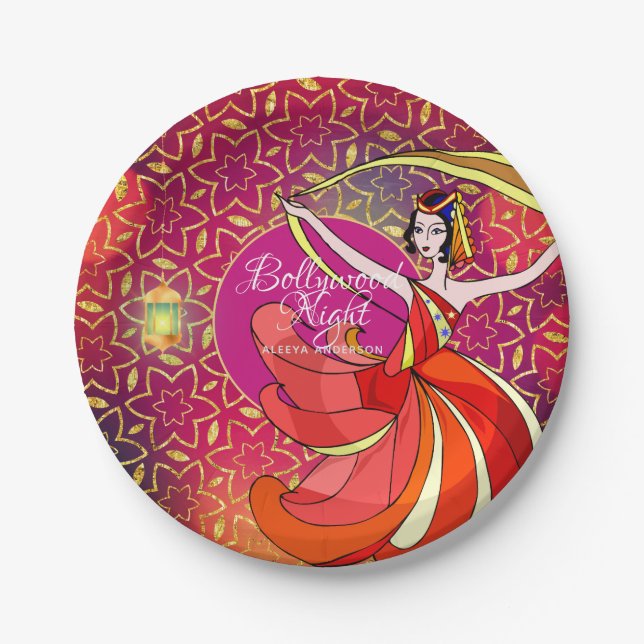 Modern Bollywood Party Dancer Personalized Pink Paper Plate (Front)