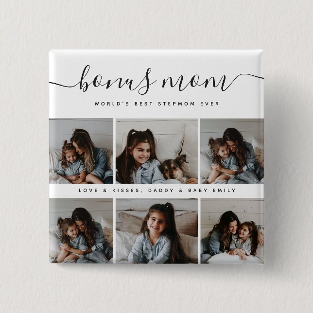 Modern Bonus Mom Script Photo Collage Mothers Day 2 Inch Square Button (Front)