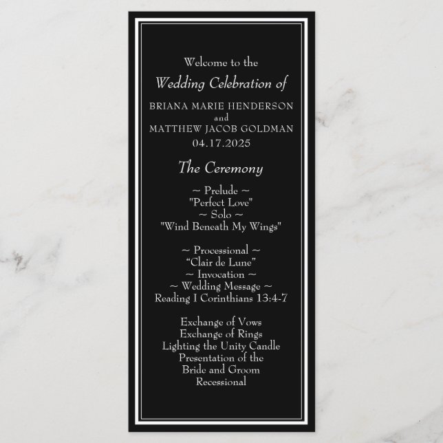 Modern Border Minimalist Black Wedding Program (Front)