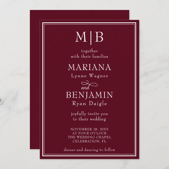 Modern Border Minimalist Boho Burgundy Wedding Invitation (Front/Back)