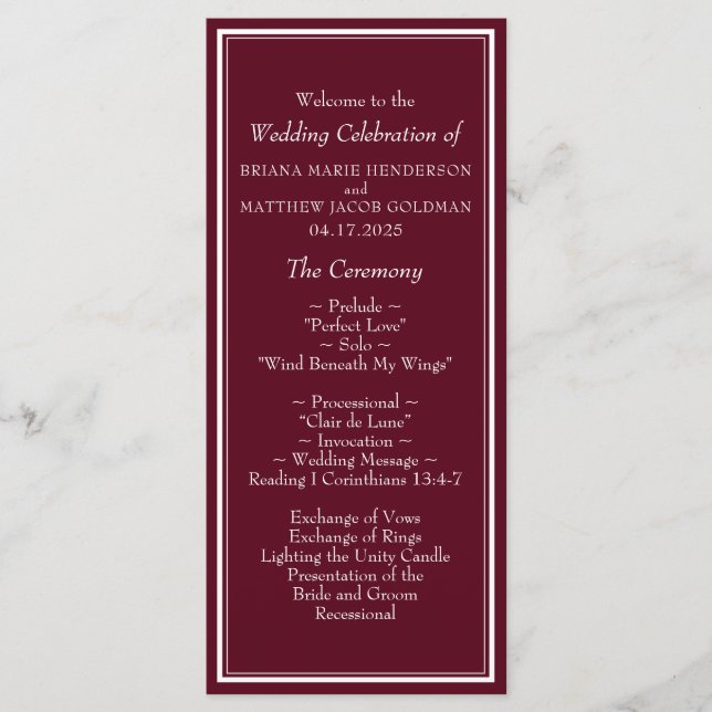 Modern Border Minimalist Burgundy Wedding Program (Front)
