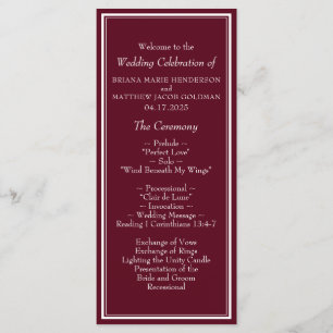 Modern Border Minimalist Burgundy Wedding Program