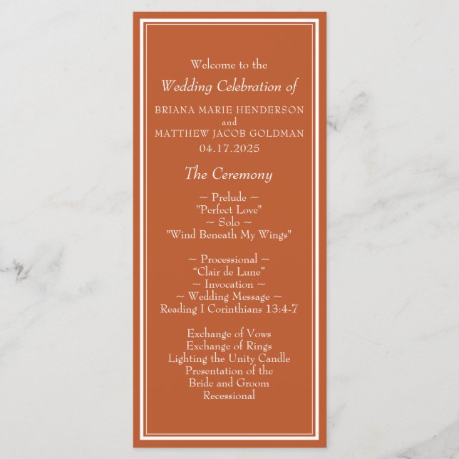Modern Border Minimalist Terracotta Wedding Program (Front)