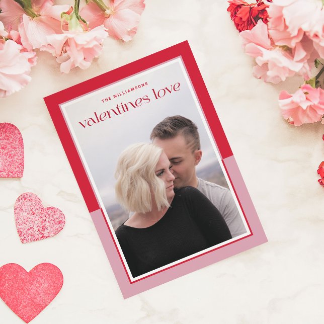 Modern Border Pink & Red Valentines Love Photo Holiday Card (Creator Uploaded)