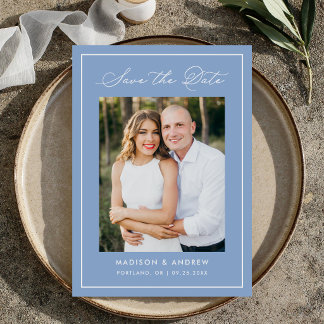 Modern Border Script Blue Photo Wedding Save The Date