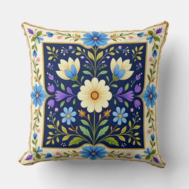 Modern Bordered Floral Design Cushion. Throw Pillow (Front)