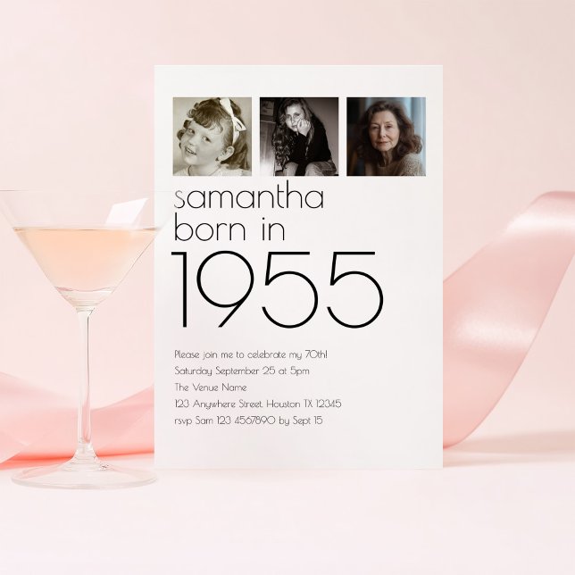 Modern Born in 1955 3 Photos 70th Birthday Party Invitation (Creator Uploaded)