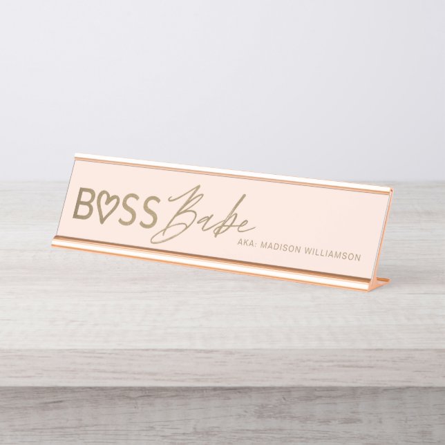 Modern Boss Babe Stylish Blush Pink & Gold Desk Name Plate (Front)